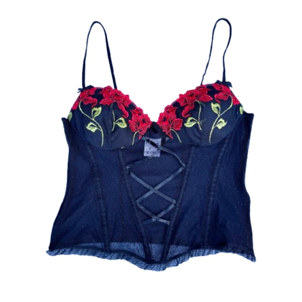 Corset Bra Top Large Black Mesh Red Floral Embroidery Coquette Romantic Goth